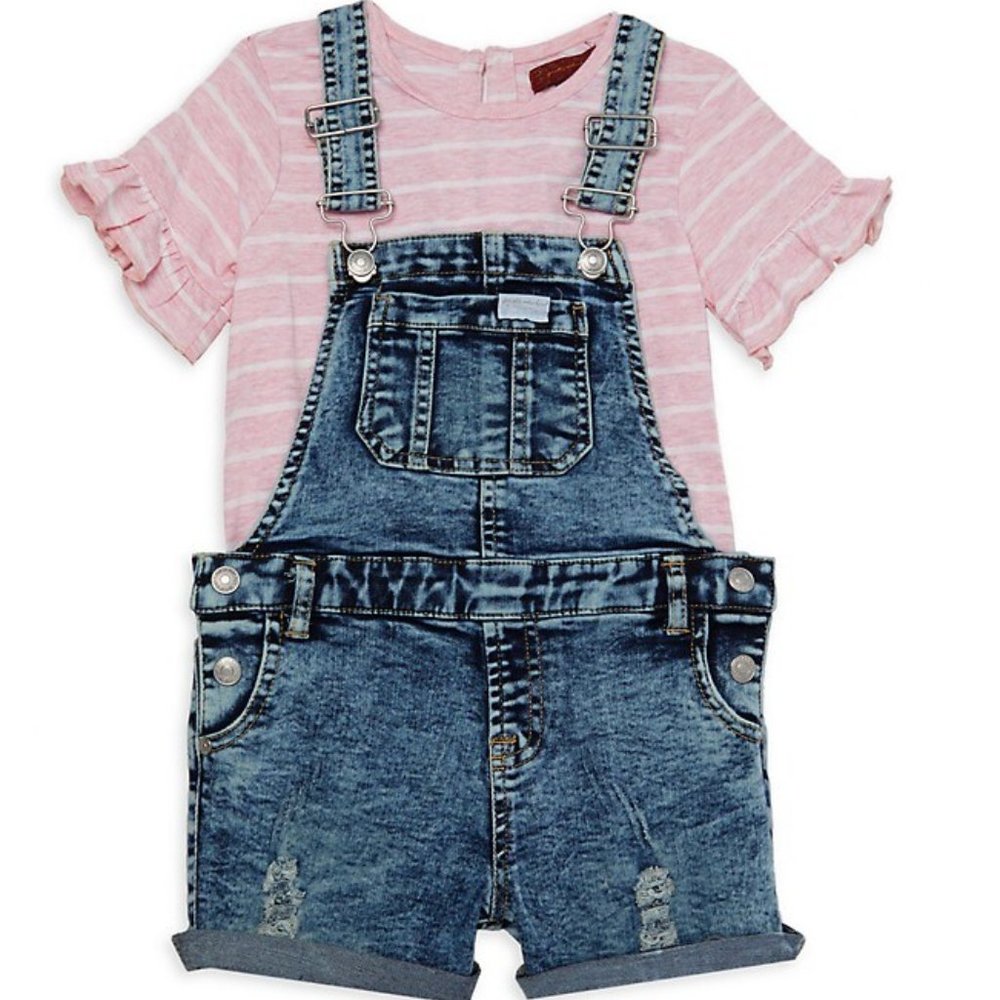 Little Girl's 2-Piece Stripe Top & Denim Shortall